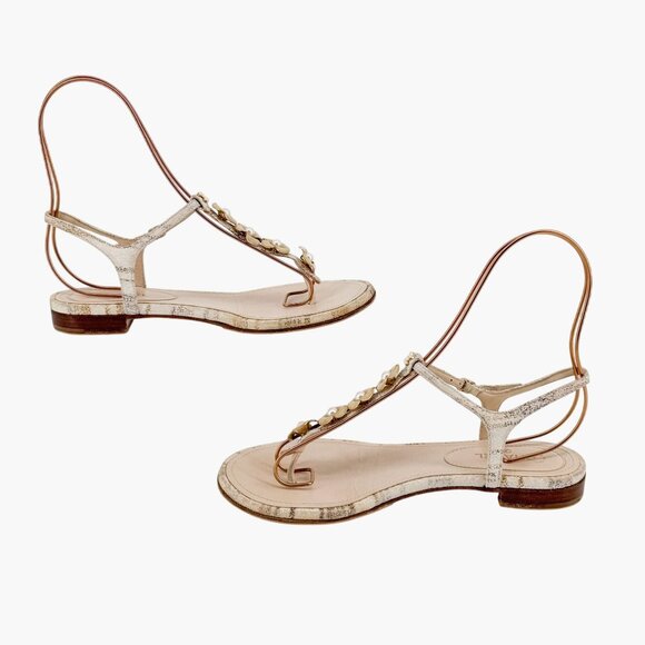 Chanel Camellia Pearl CC T-Strap Flat Sandals EU 38 US 7-7.5 Beige Leather Logo - Picture 9 of 11